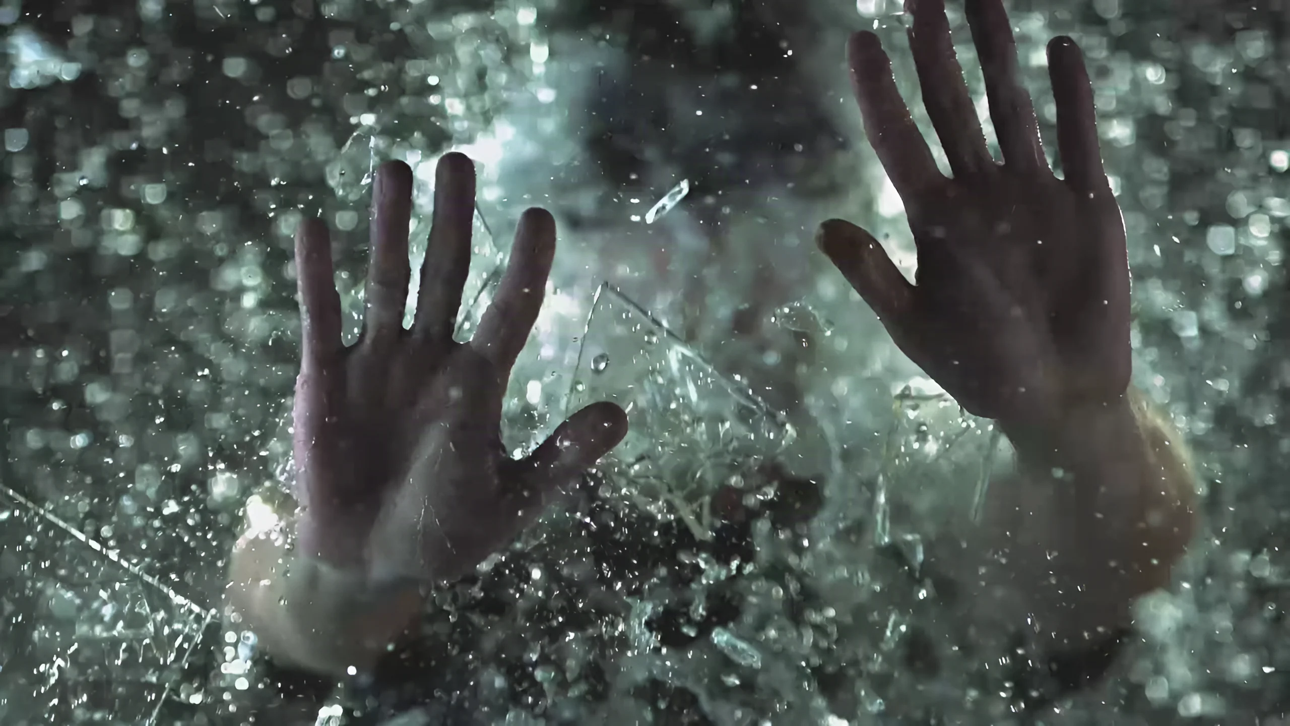 Hands against a glass surface covered with droplets, in the video Assange.