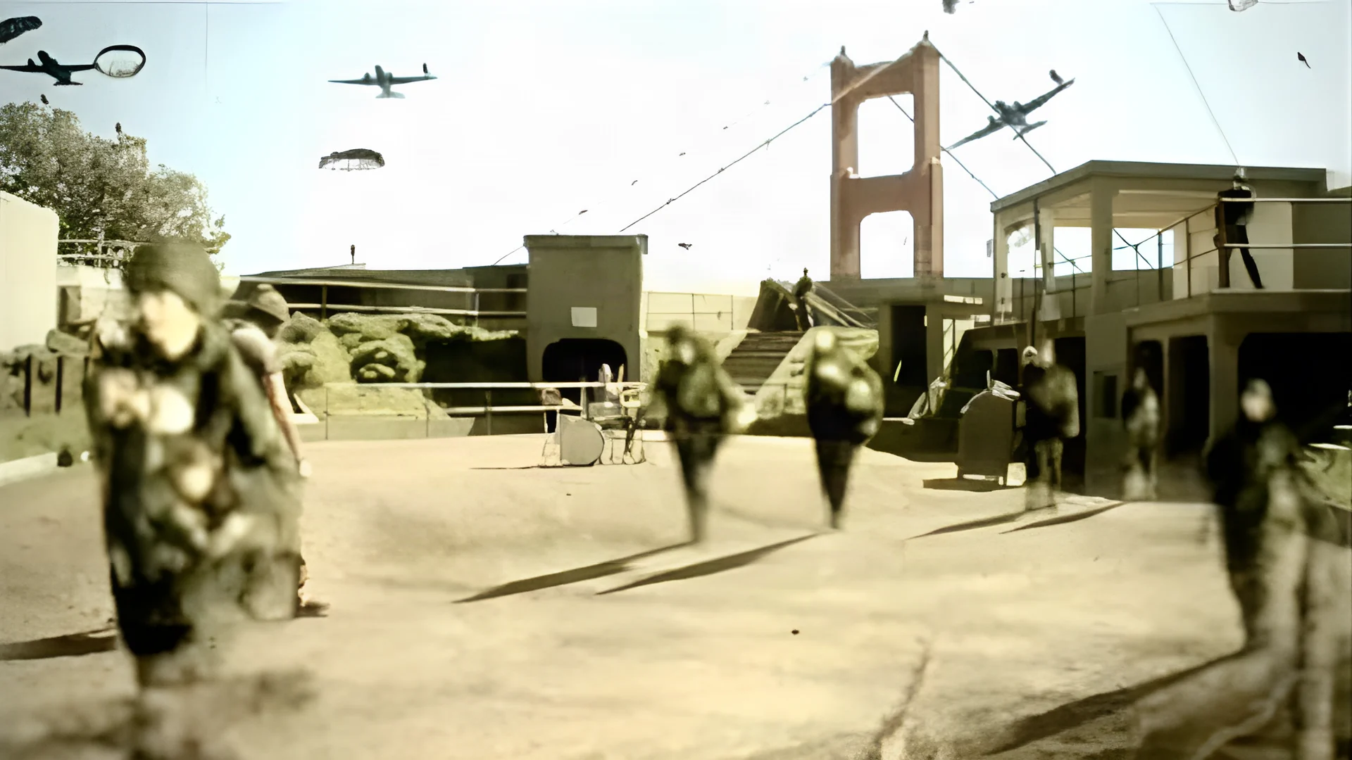 People walk among aircraft on a runway, in a sepia-toned scene.