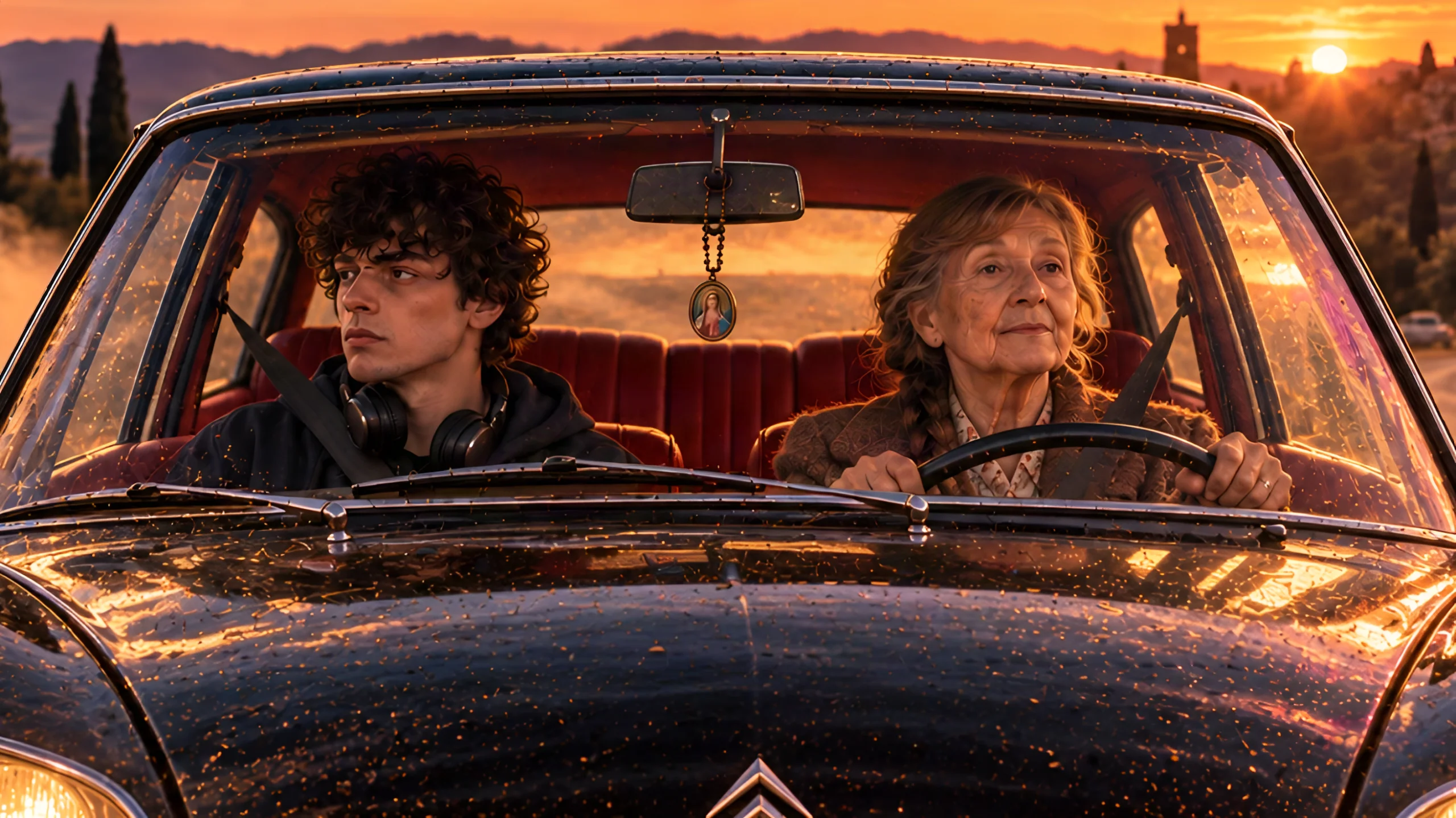 A young man with headphones around his neck beside a woman driving a car at sunset, on the cover of Torno subito.